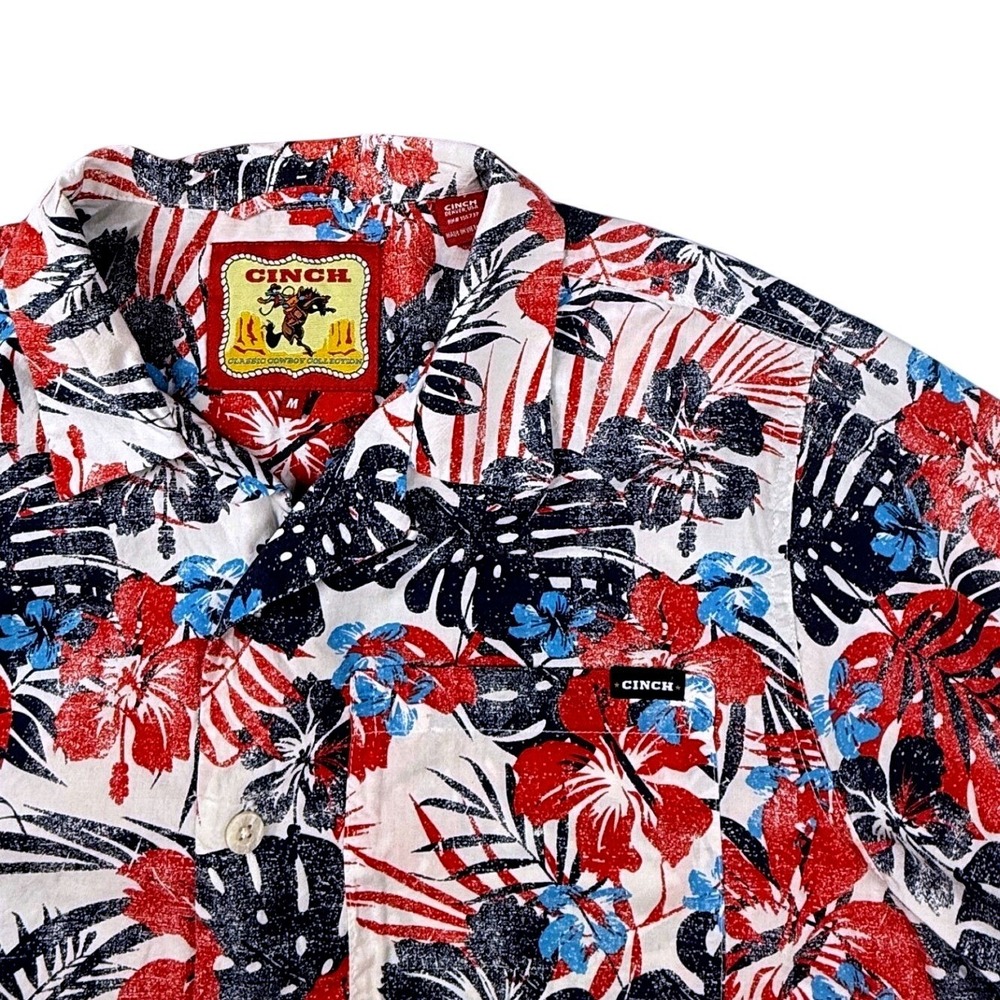 Cinch Mens Red White Blue Tropical Floral Linen Blend Button Down Shirt M
